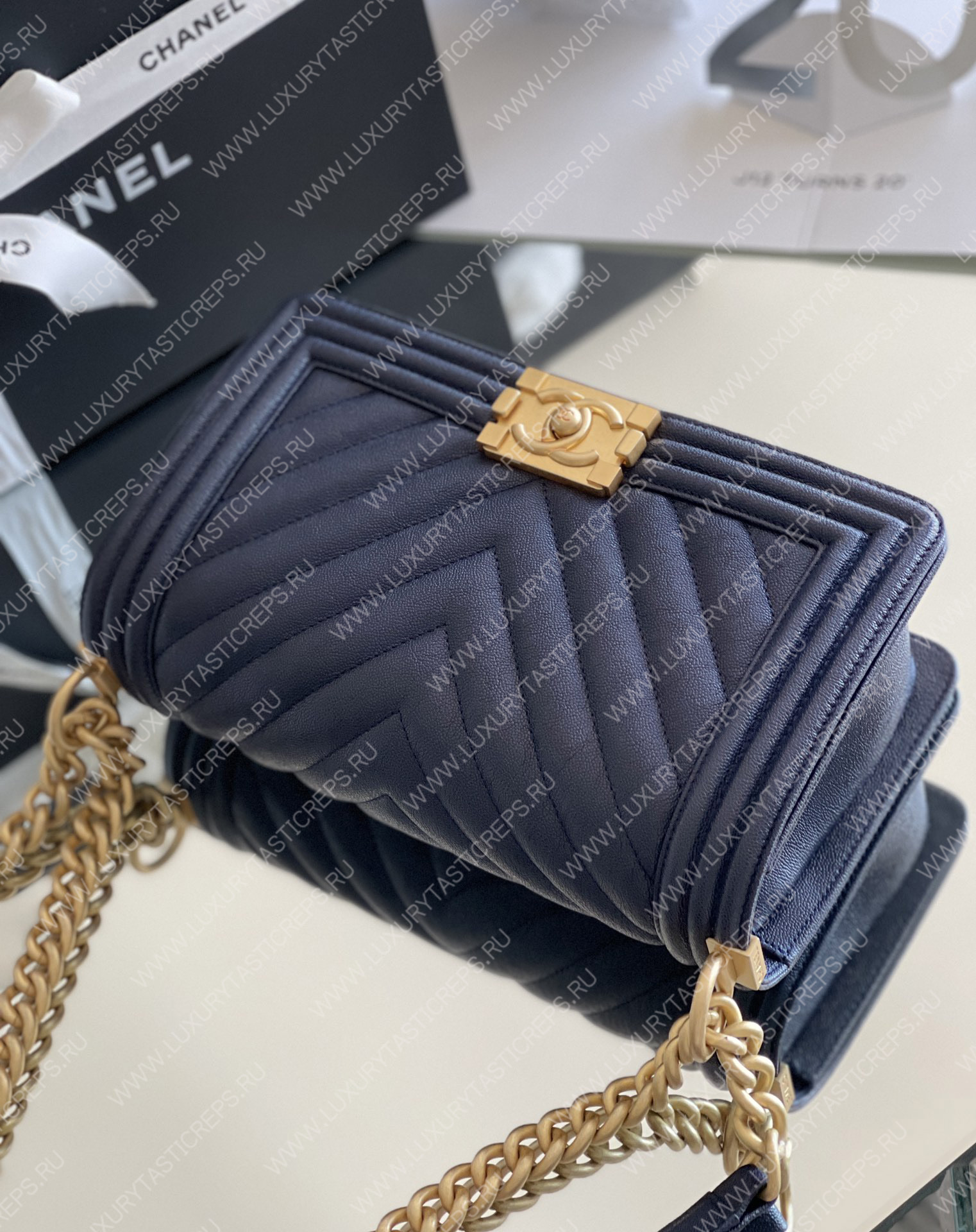 Ch*el boy handbag navy blue a67086