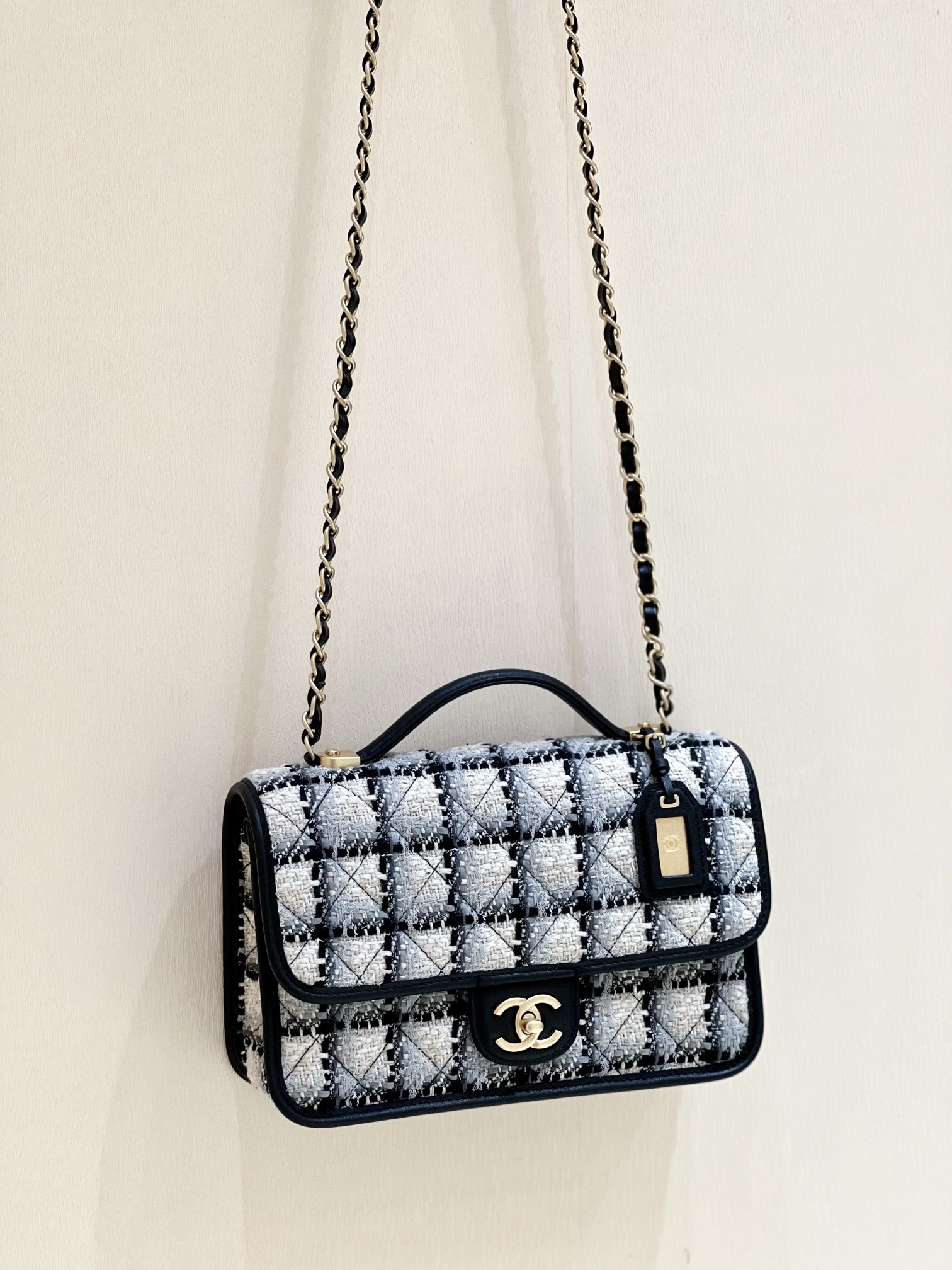 Ch*el small flap bag with top handle ecru, gray, beige & black as3653