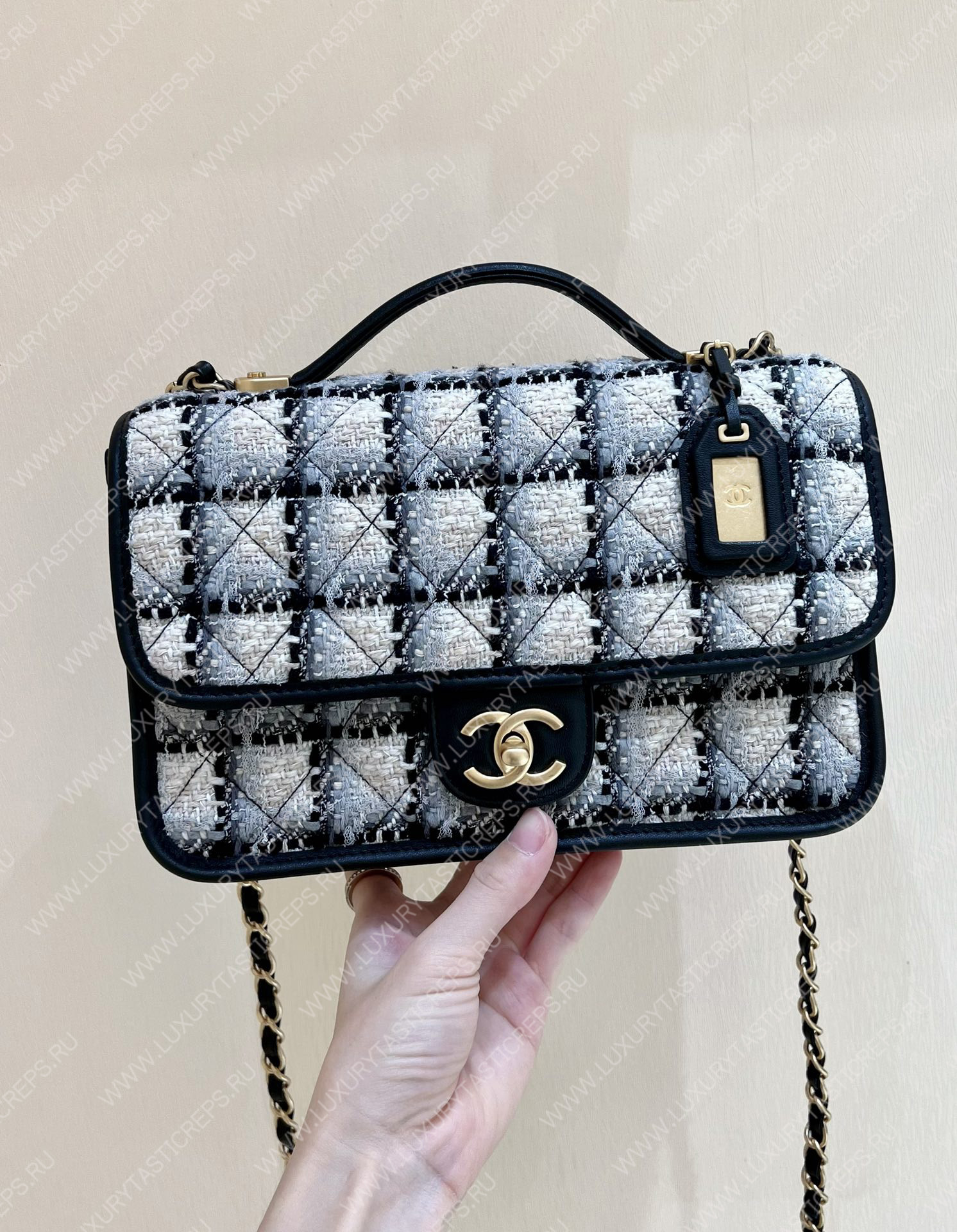 Ch*el small flap bag with top handle ecru, gray, beige & black as3653