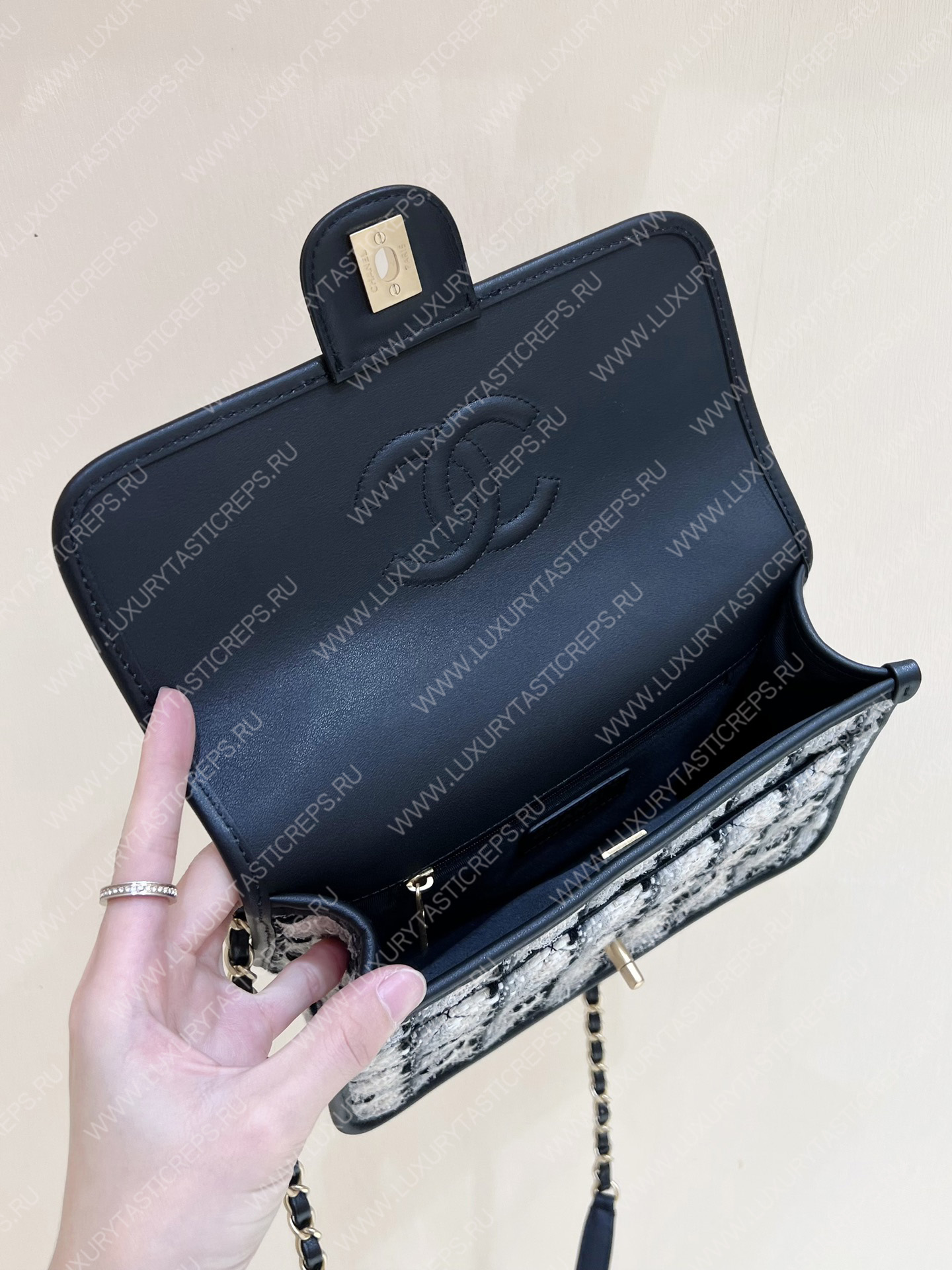 Ch*el small flap bag with top handle ecru, gray, beige & black as3653