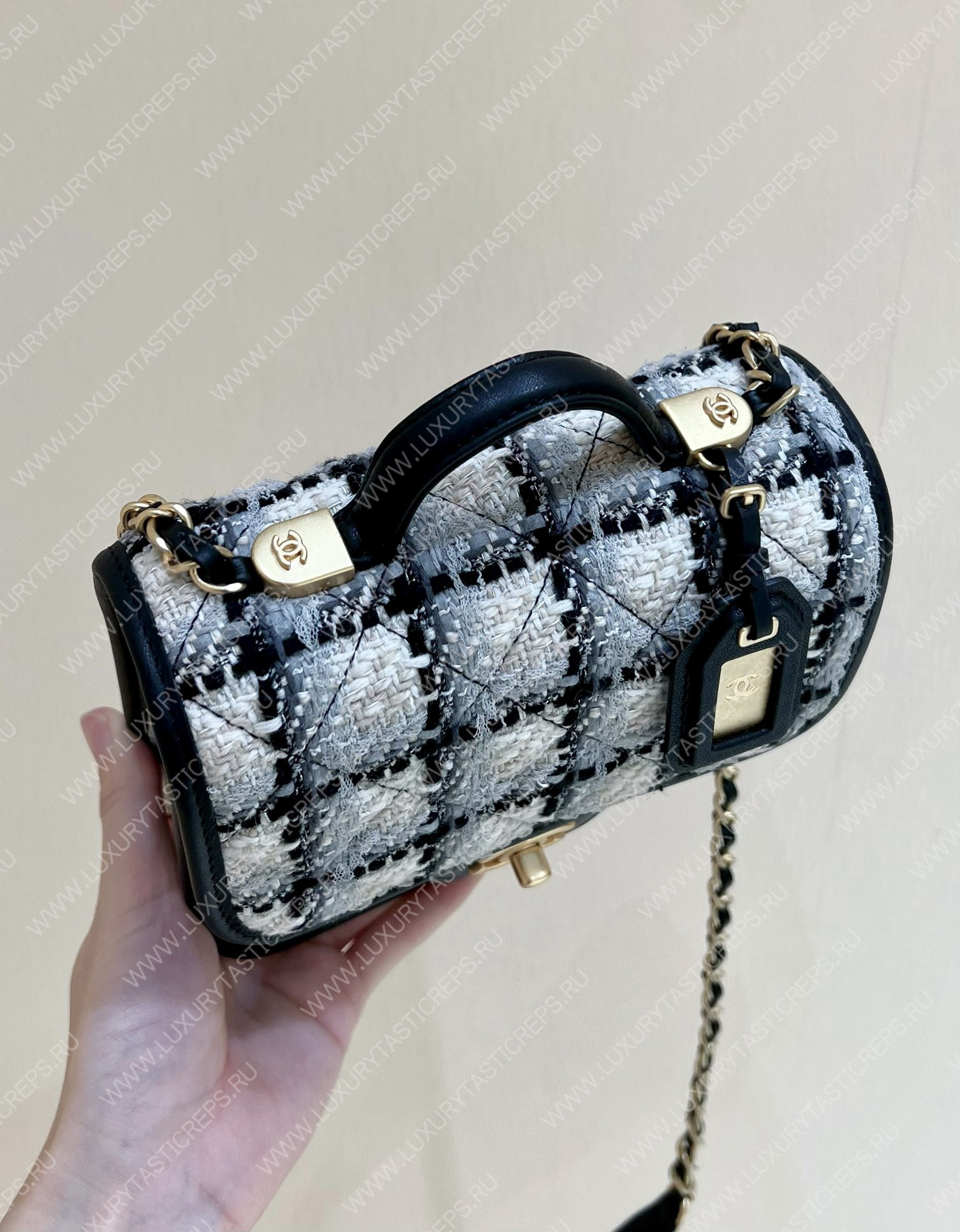 Ch*el small flap bag with top handle ecru, gray, beige & black as3652