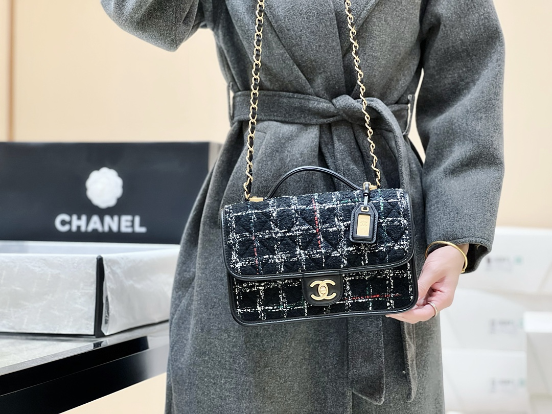 Ch*el small flap bag with top handle black, white & multicolor as3653