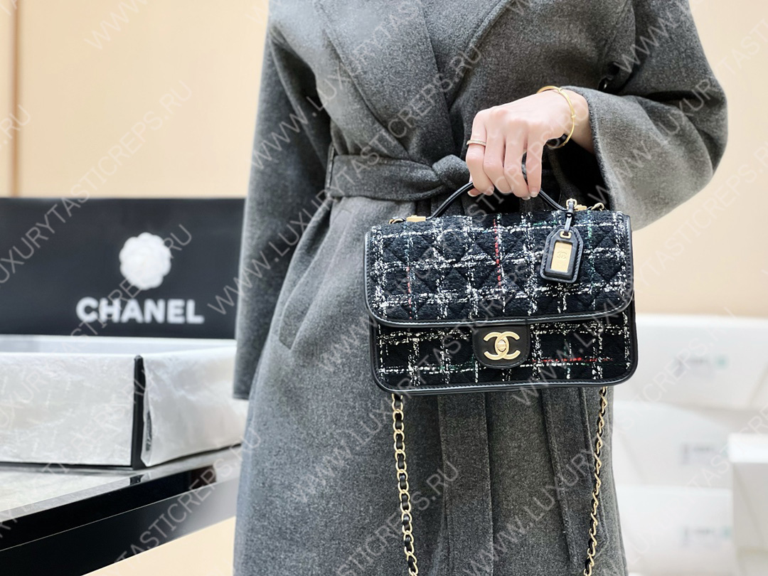 Ch*el small flap bag with top handle black, white & multicolor as3653