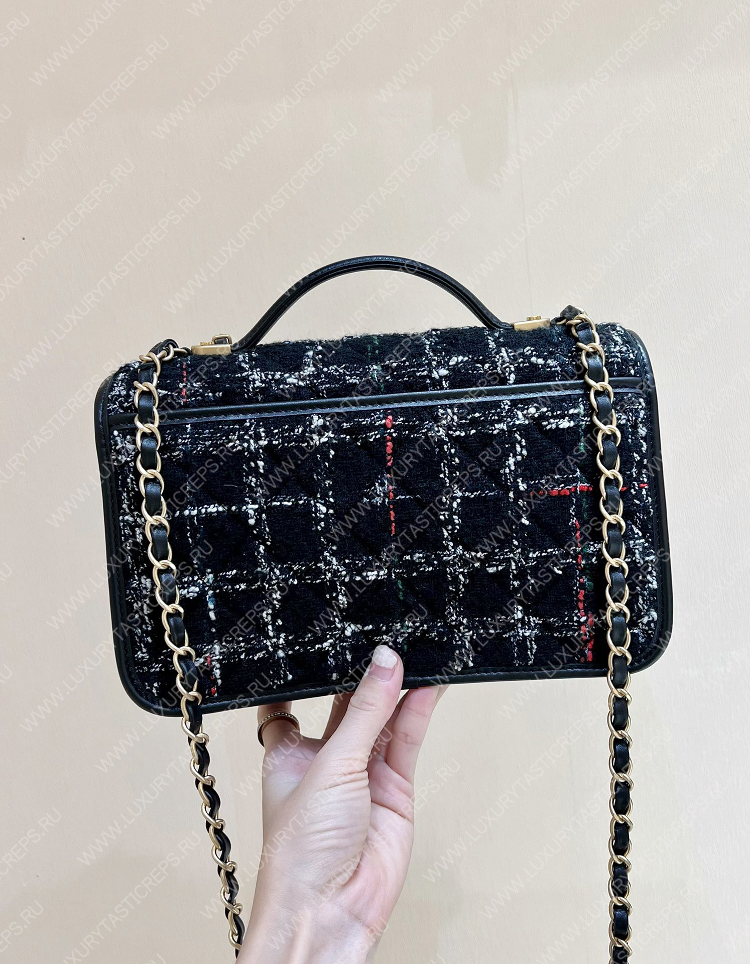 Ch*el small flap bag with top handle black, white & multicolor as3653