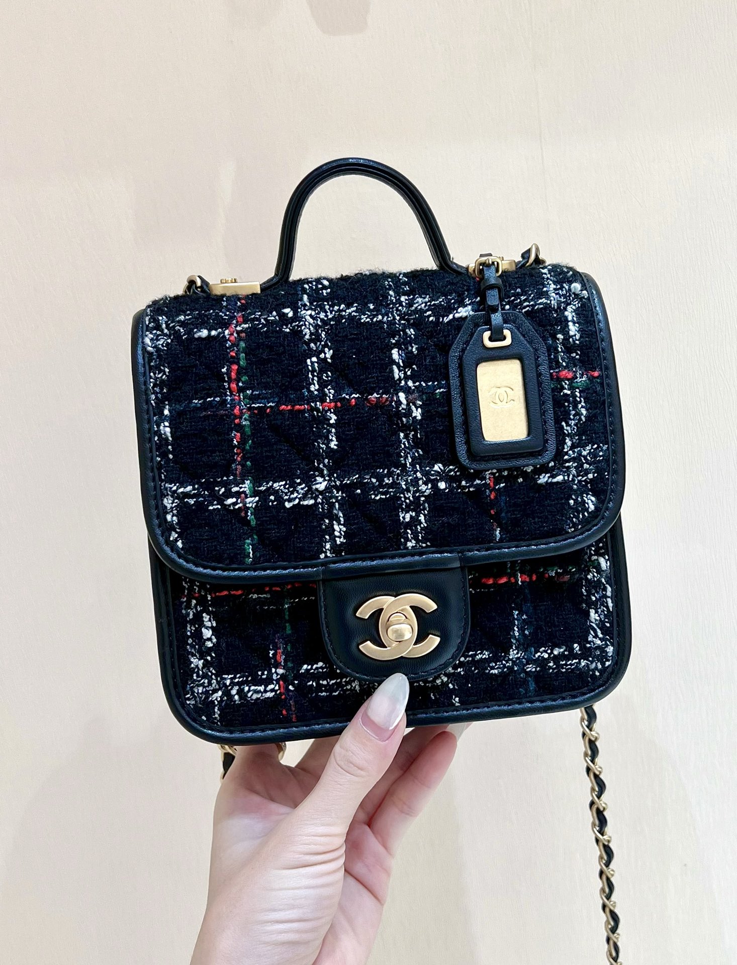 Ch*el mini flap bag with top handle black, white & multicolor as3652