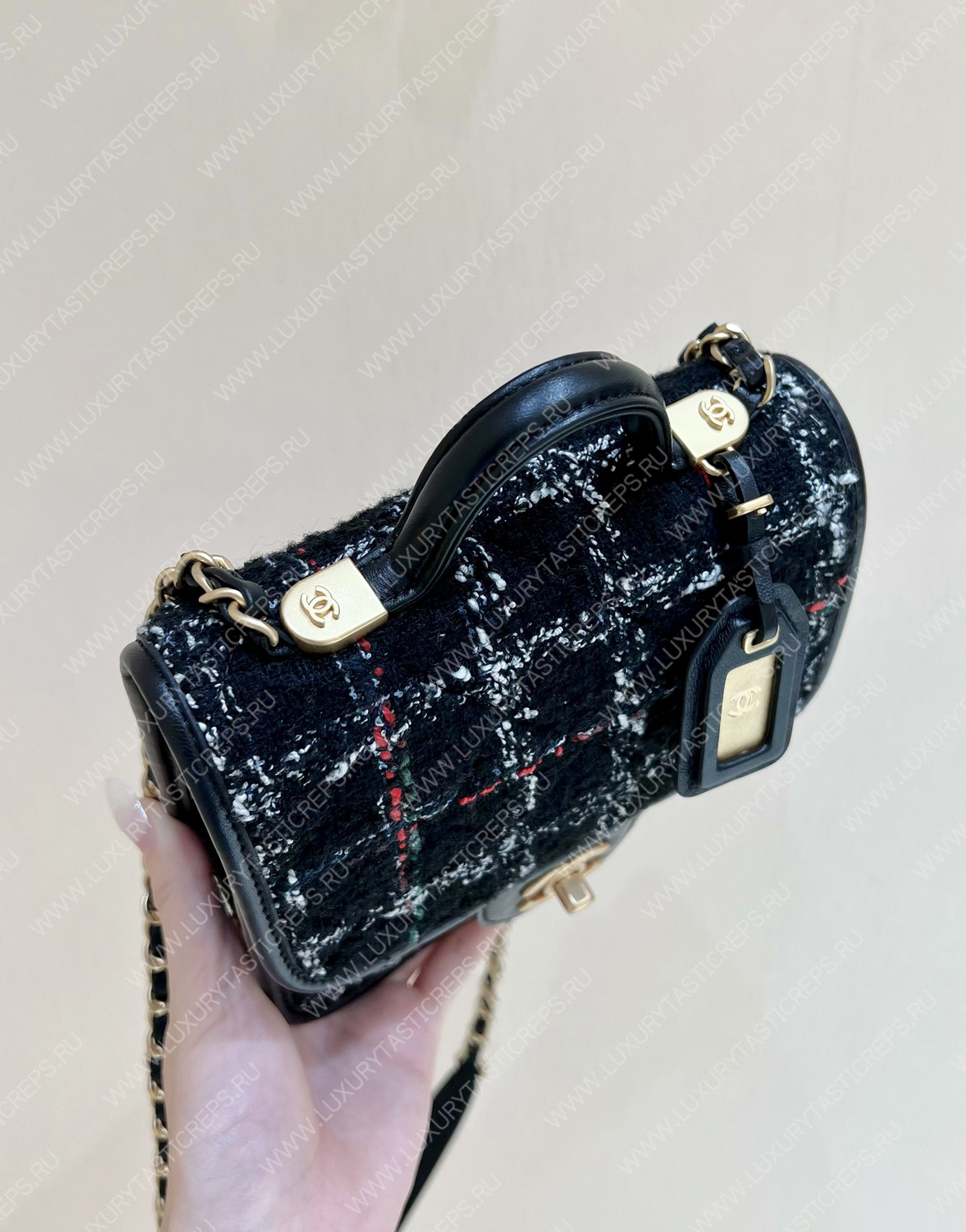 Ch*el mini flap bag with top handle black, white & multicolor as3652