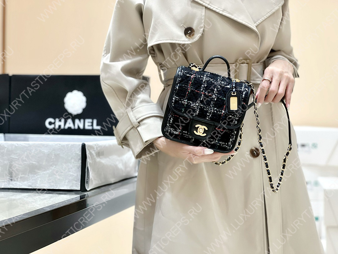 Ch*el mini flap bag with top handle black, white & multicolor as3652