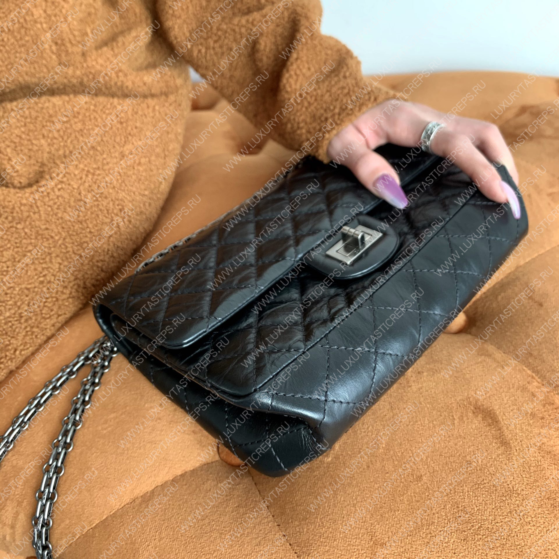 Ch*el 2.55 reissue handbag black silver chain a37586