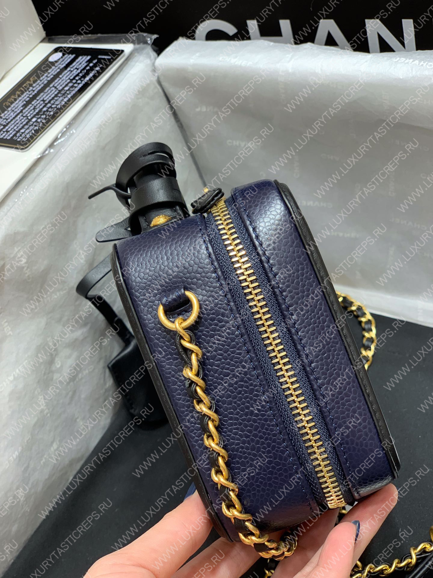 Ch*el vanity case black and blue a93342