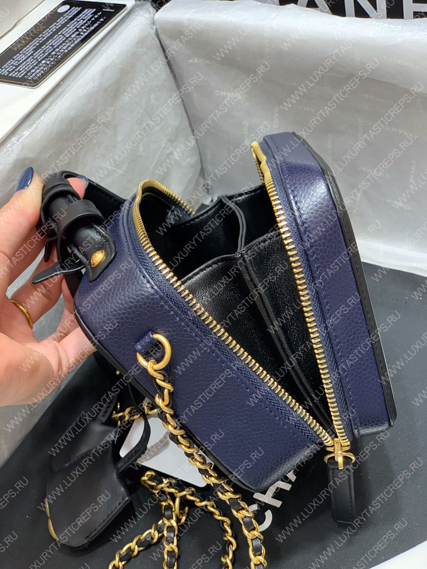 Ch*el vanity case black and blue a93342