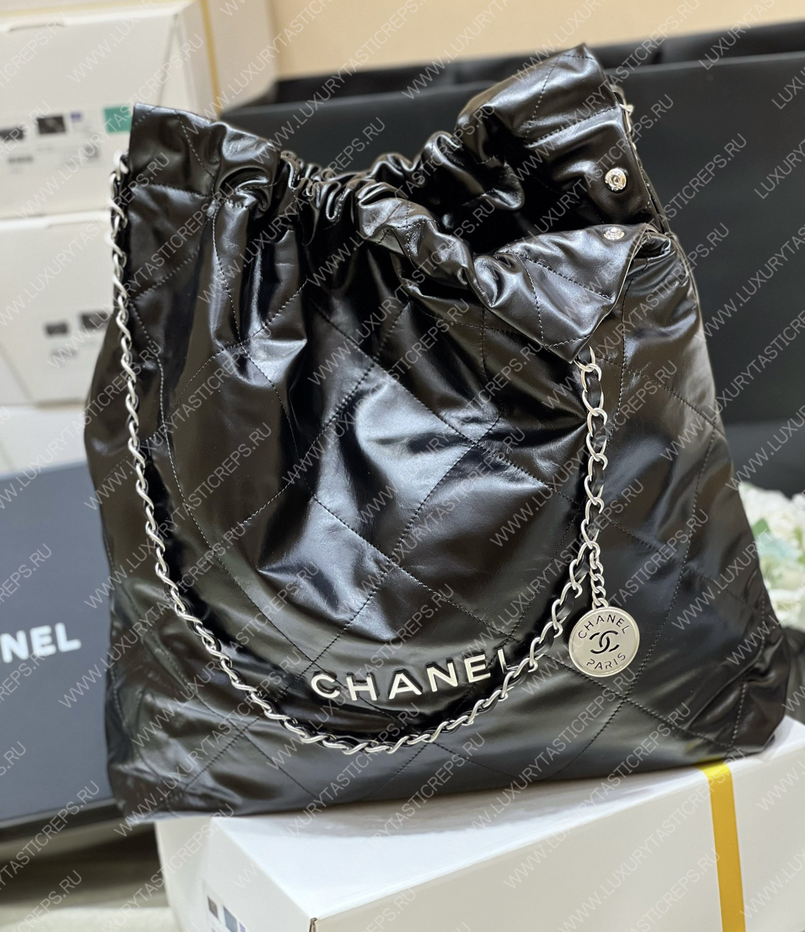 Ch*el 22 large shopping bag black as3262