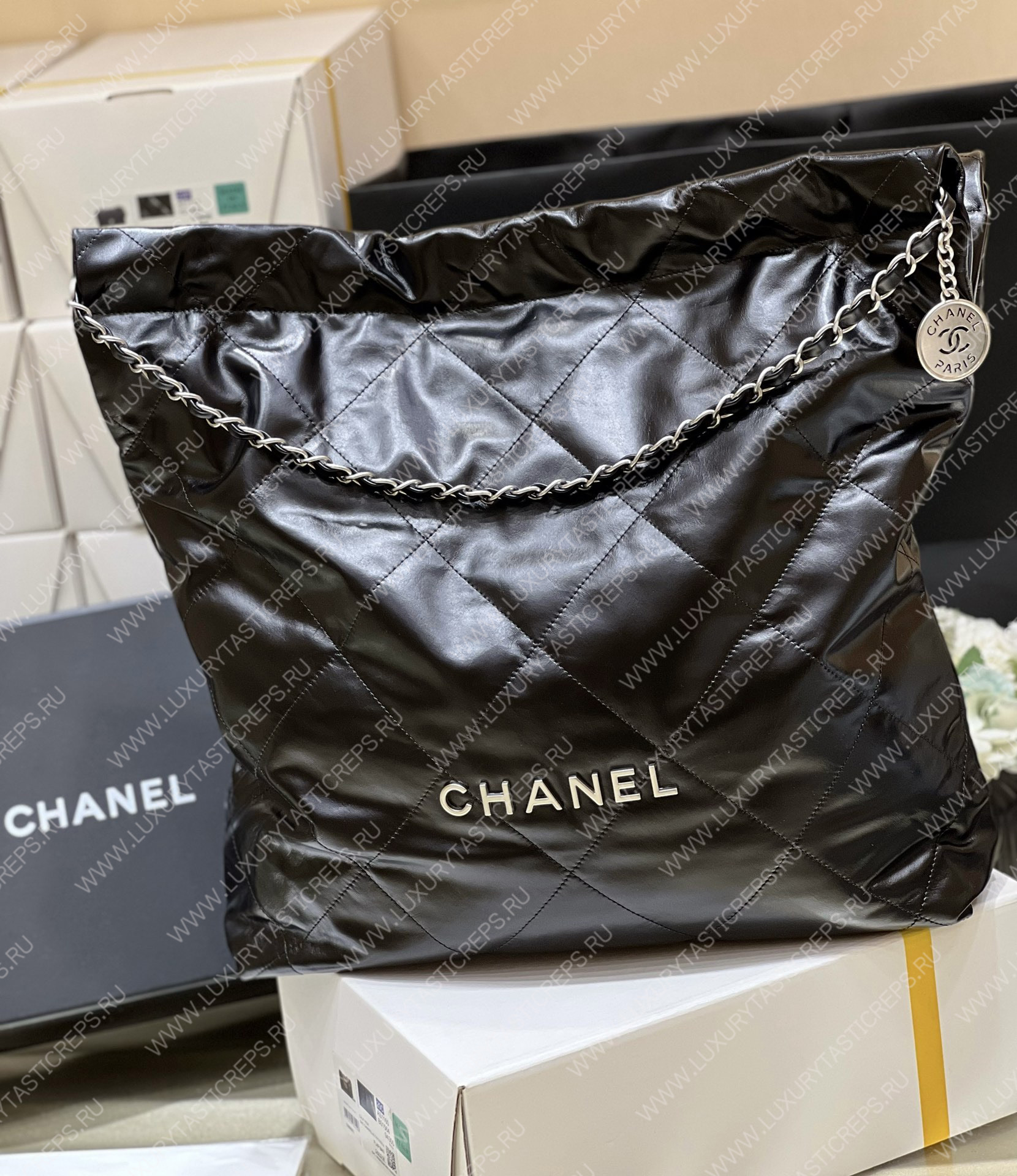 Ch*el 22 large shopping bag black as3262