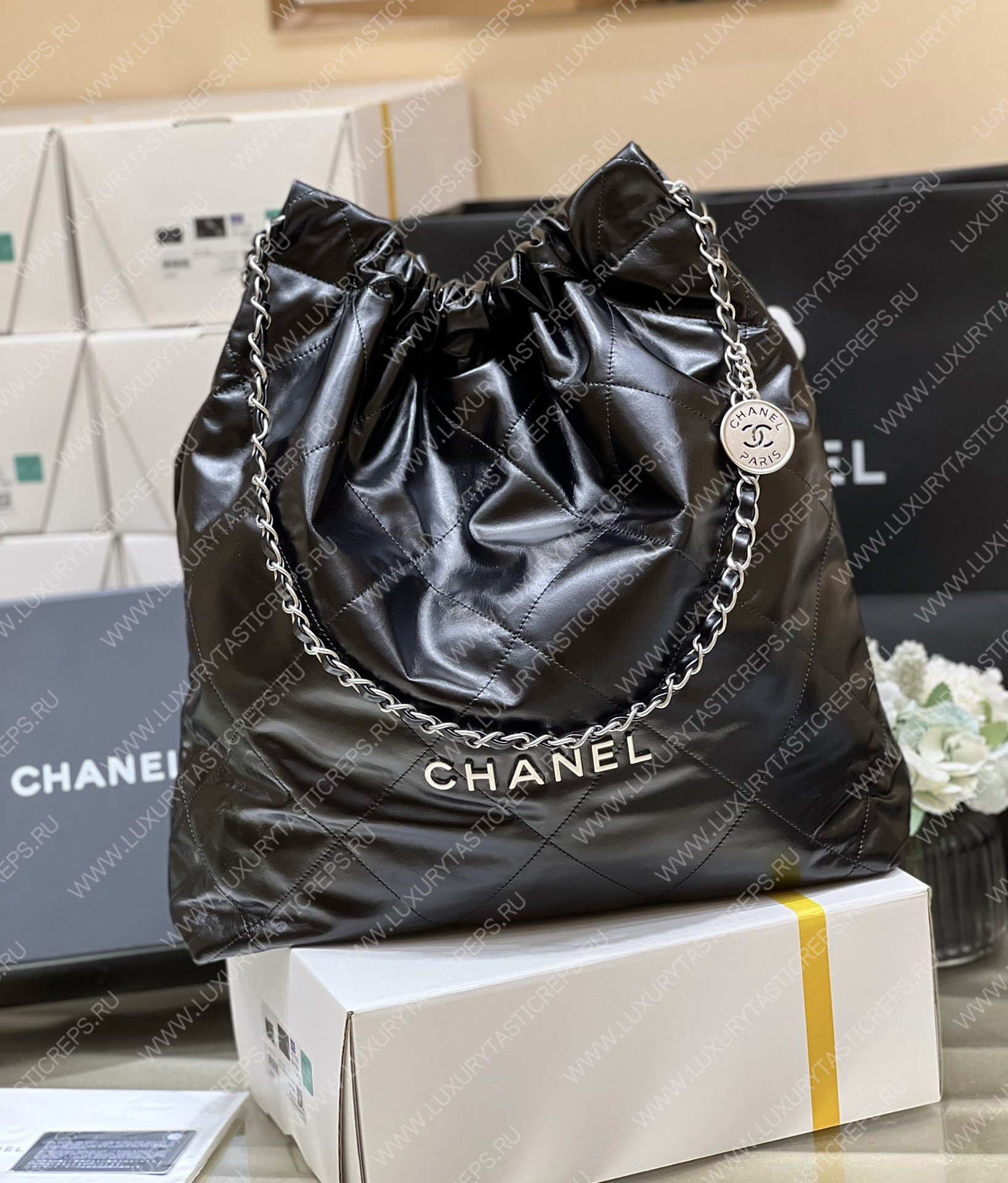 Ch*el 22 large shopping bag black as3262
