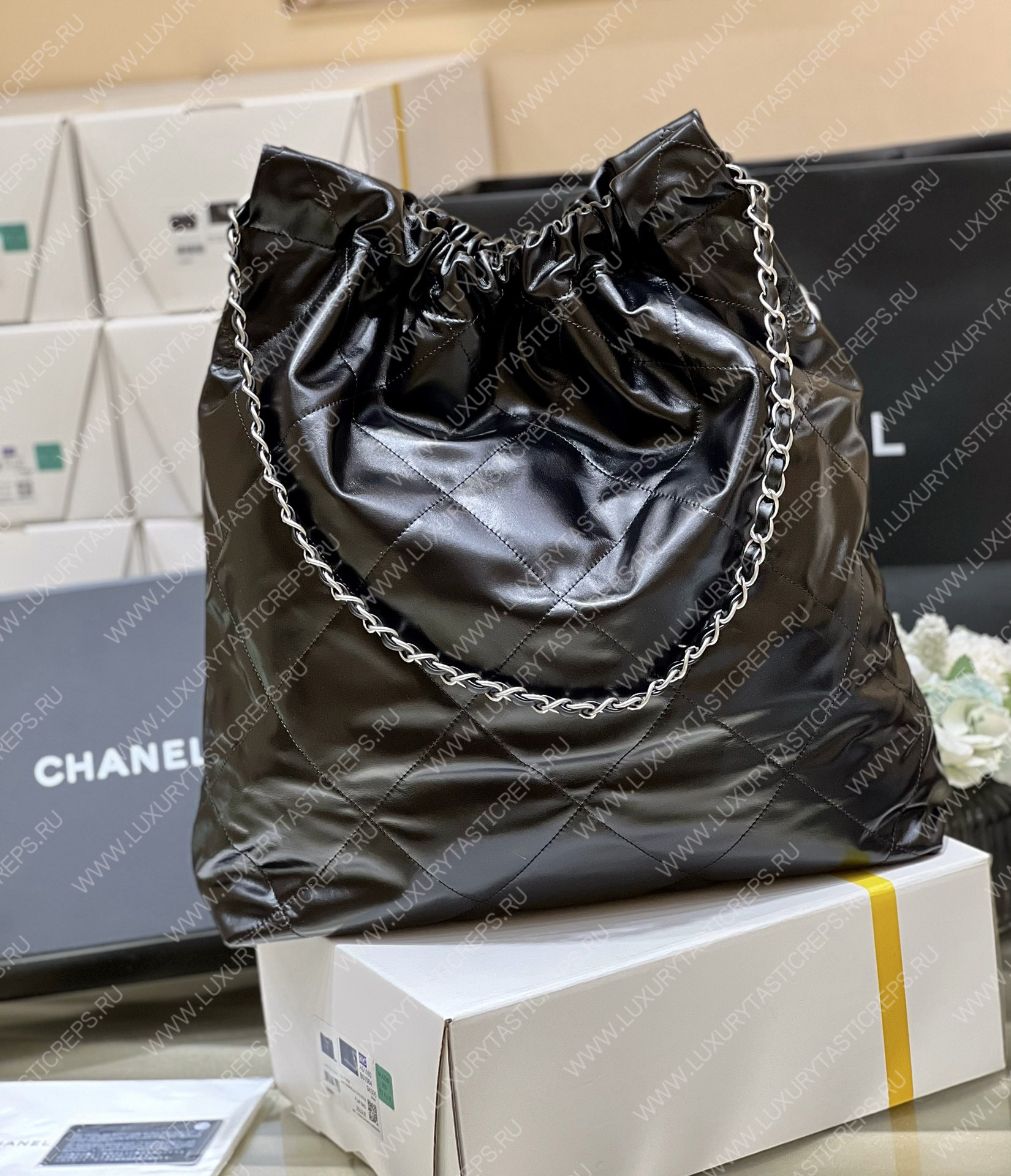 Ch*el 22 large shopping bag black as3262