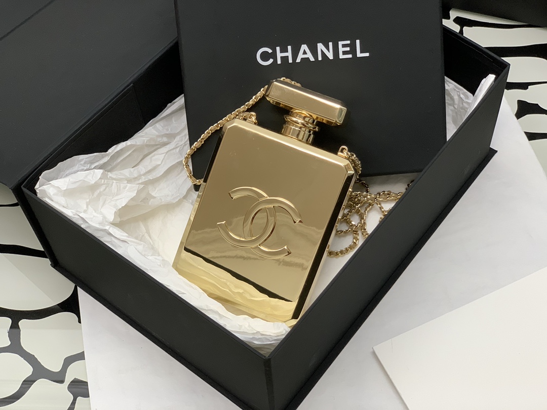 Ch*el evening clutch perfume bottle bag metal gold as3246