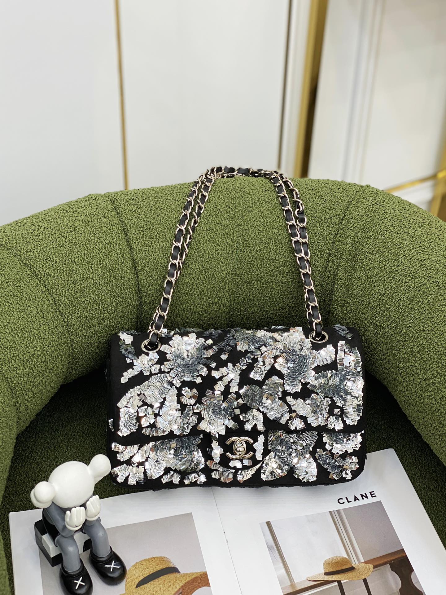 Ch*el mini flap bag embroidered tweed sequins black a69900
