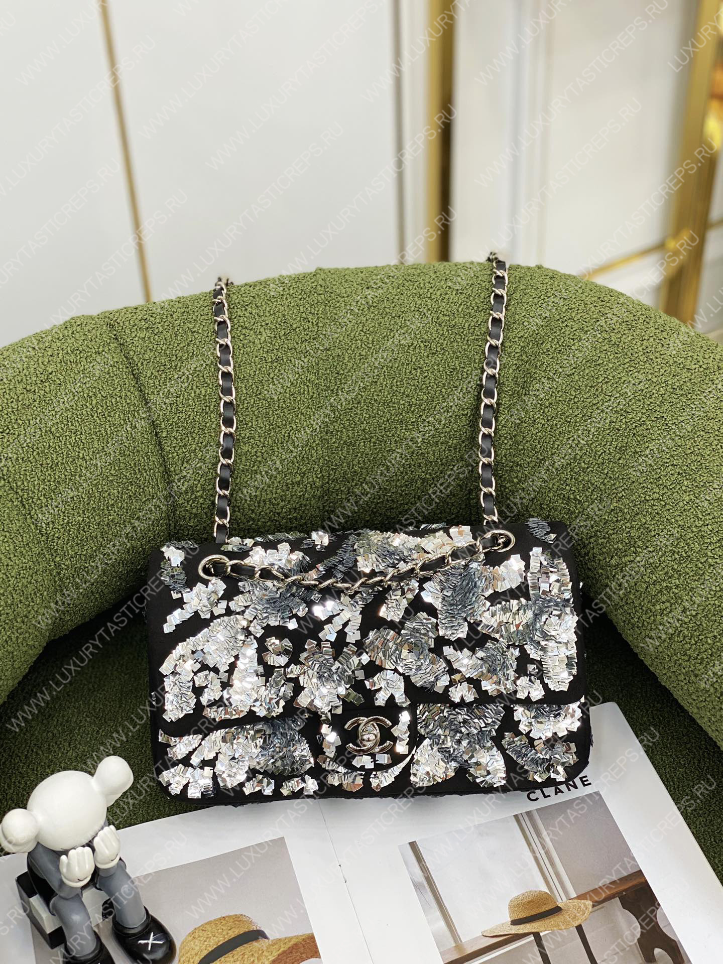 Ch*el mini flap bag embroidered tweed sequins black a69900