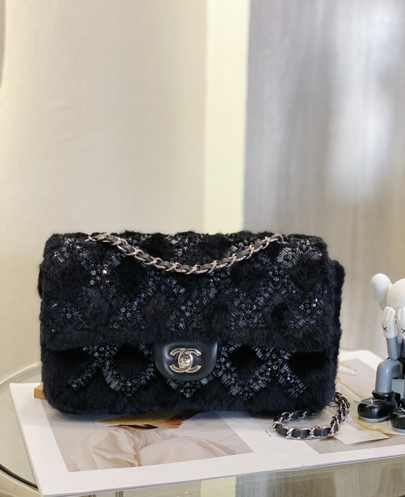 Ch*el classic pearl embellished handbag black a01112