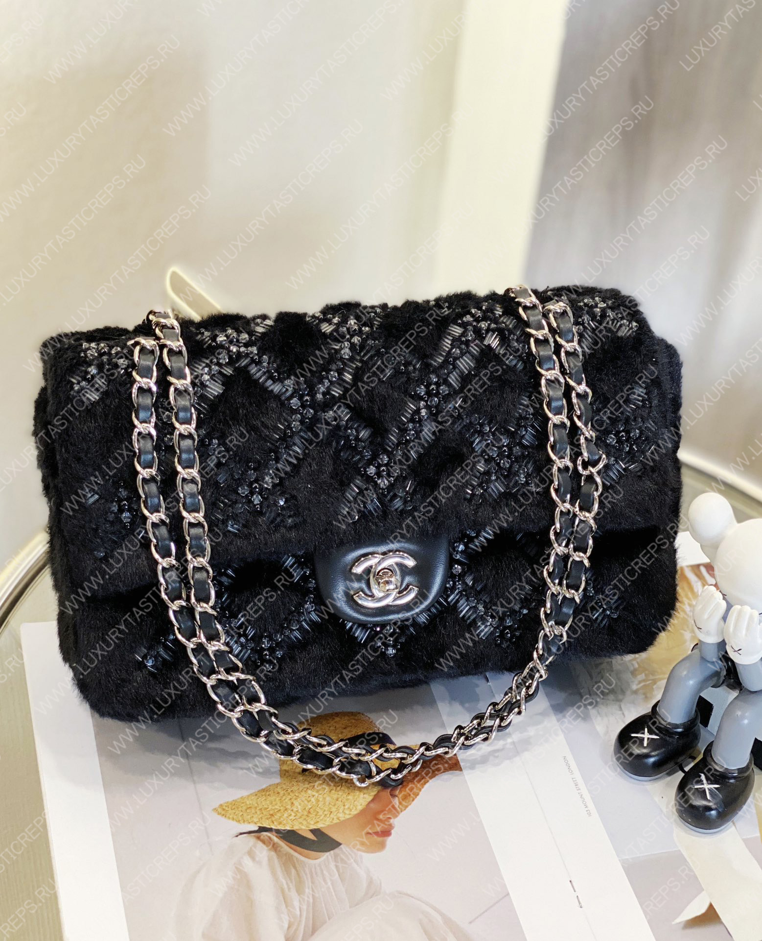 Ch*el classic pearl embellished handbag black a01112