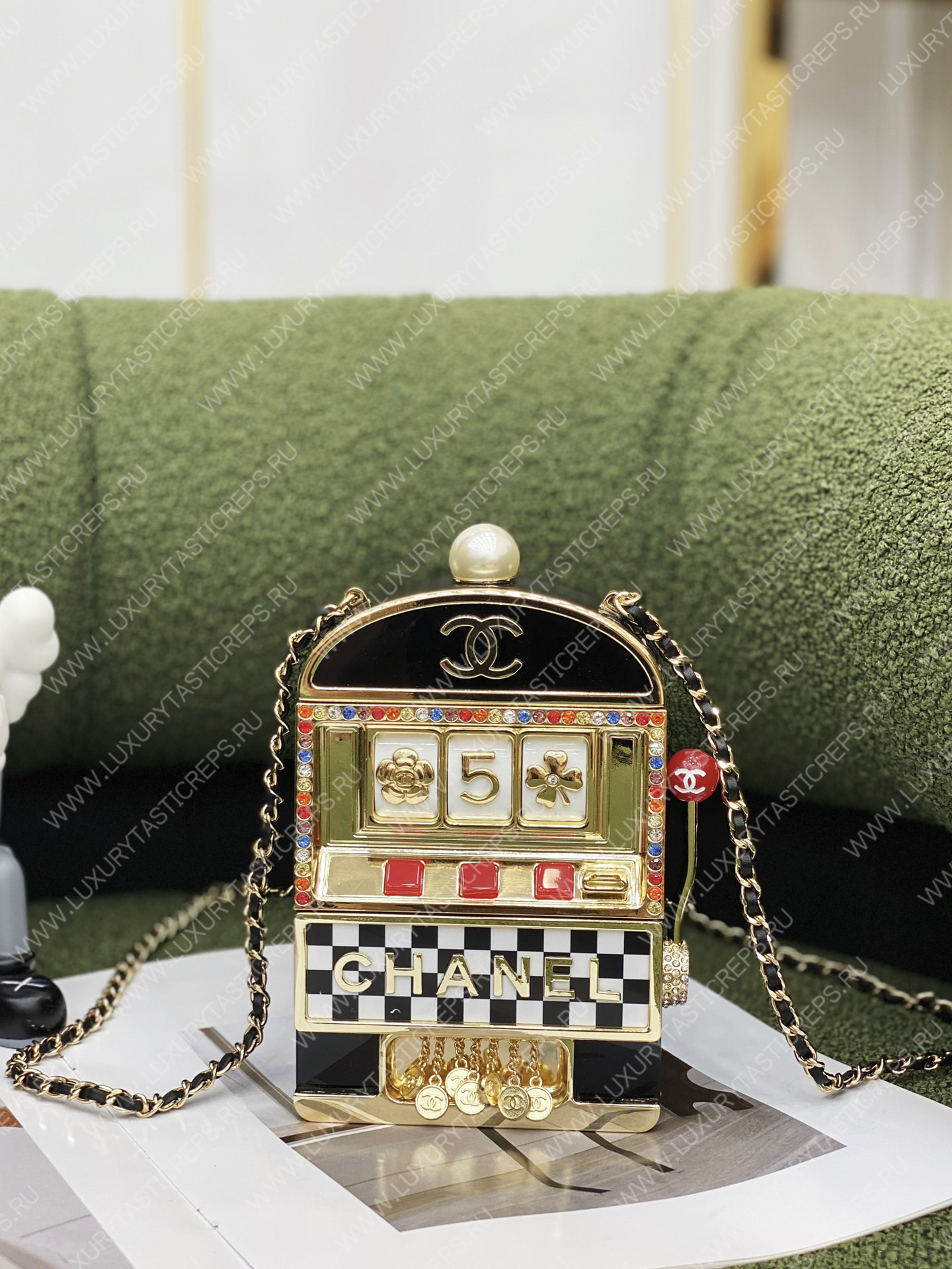 Ch*el slot machine minaudiere bag black gold white & red as3715