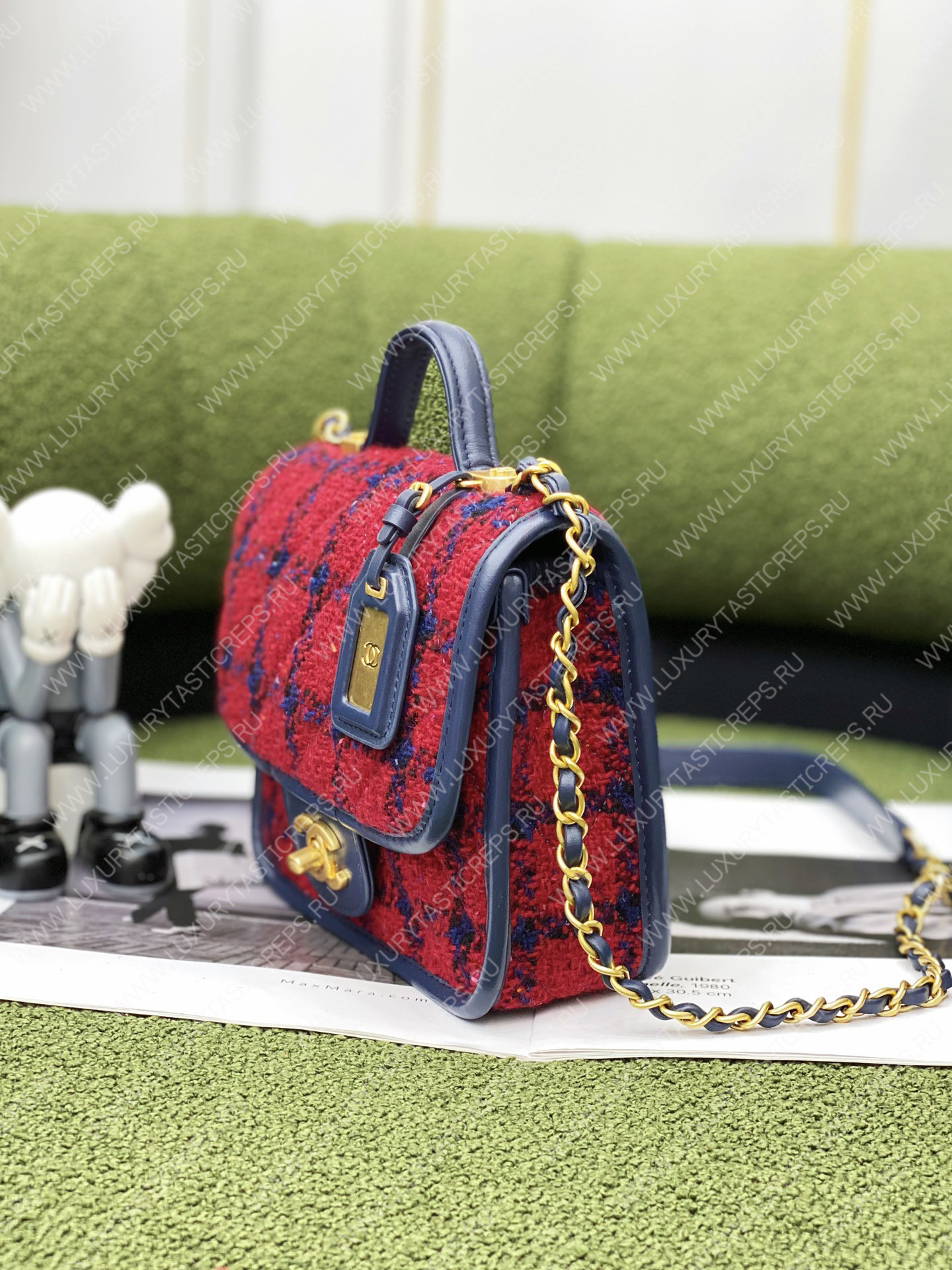 Ch*el mini flap bag with top handle red, navy blue & multicolor as3653
