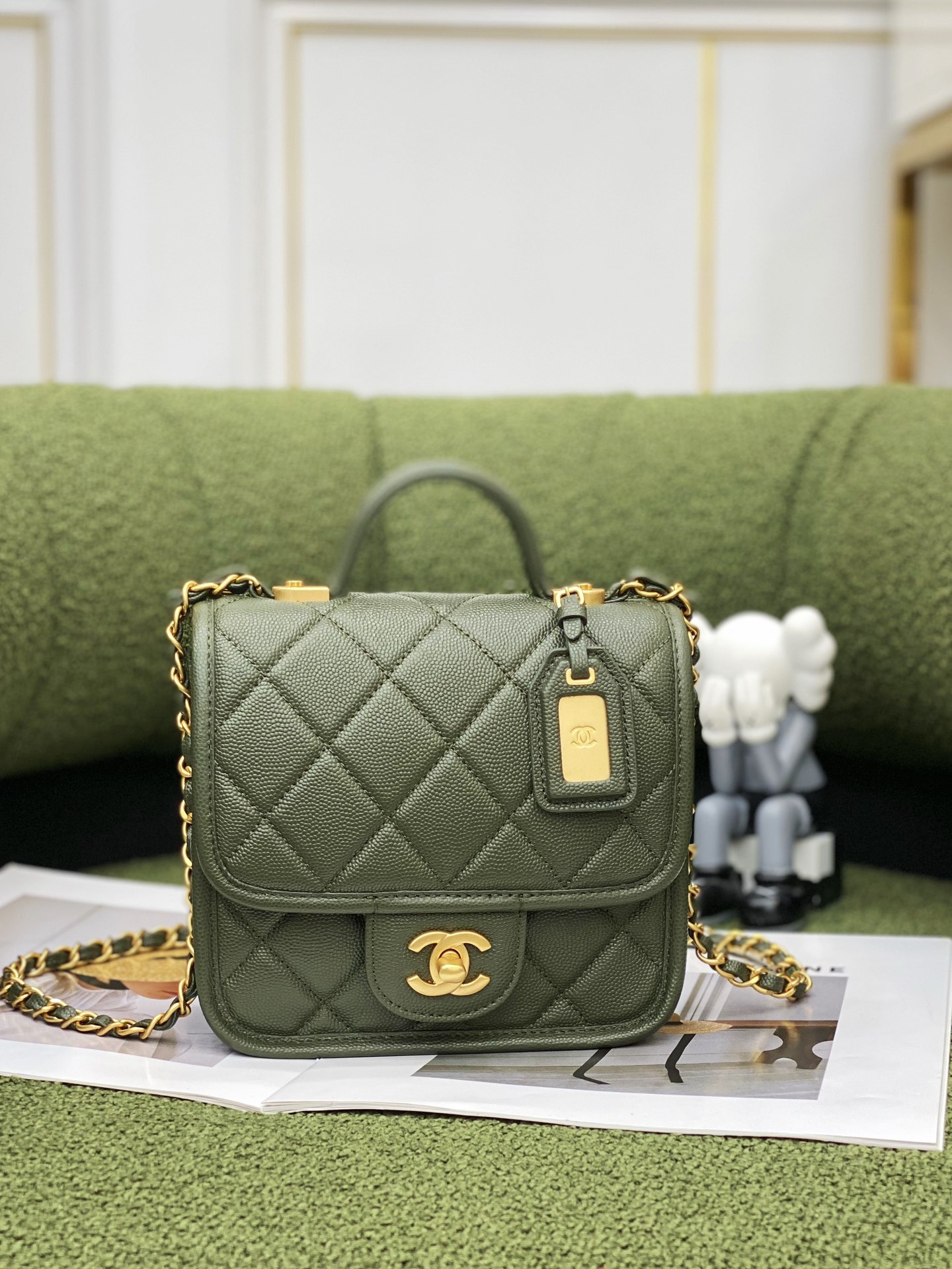 Ch*el mini flap bag with top handle green as3653