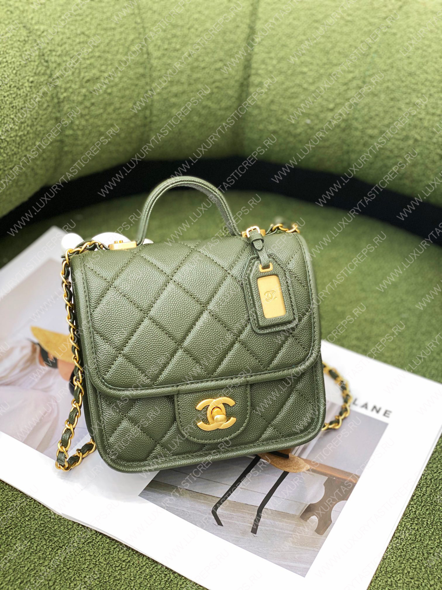Ch*el mini flap bag with top handle green as3653
