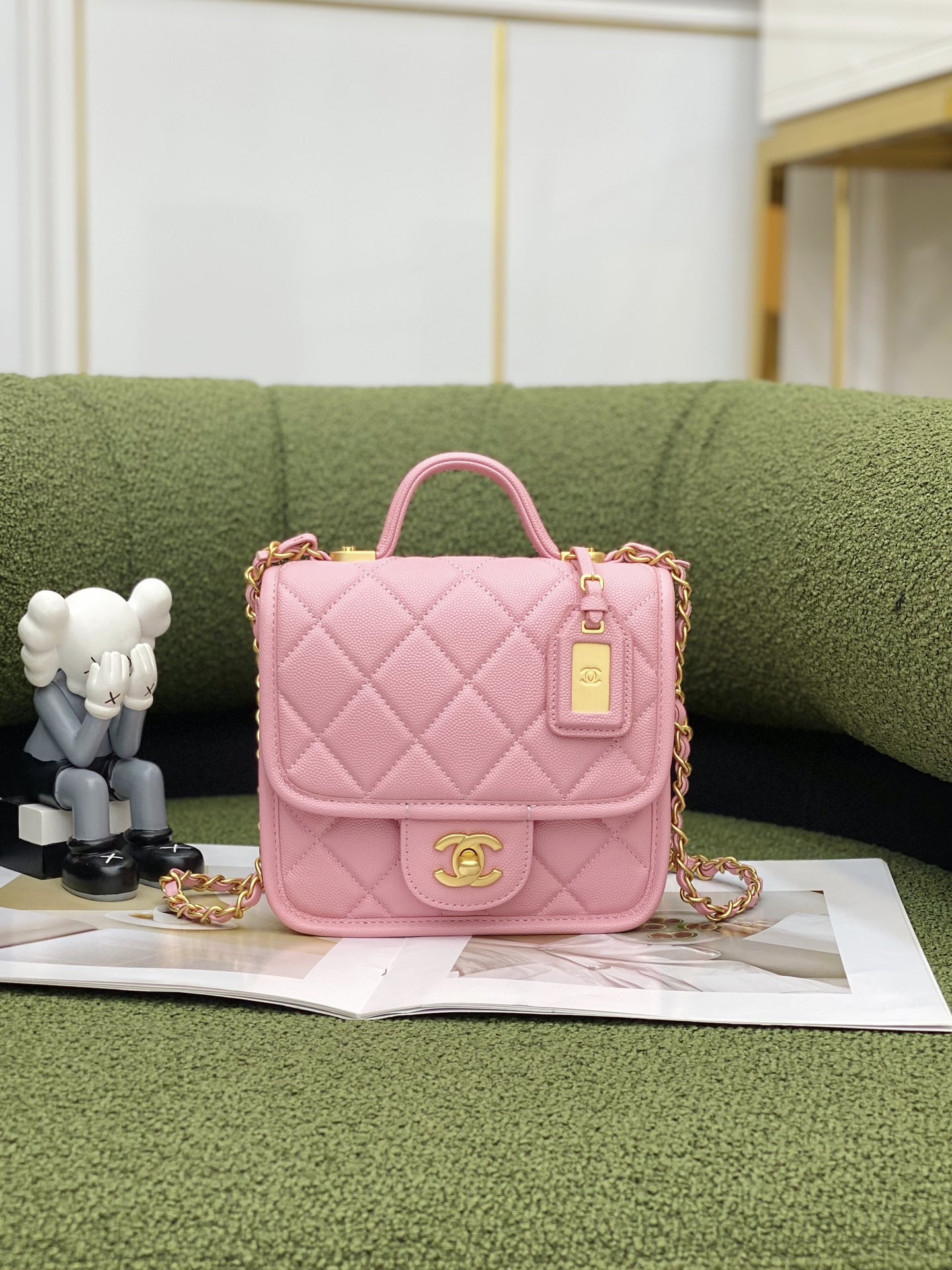 Ch*el mini flap bag with top handle pink as3653