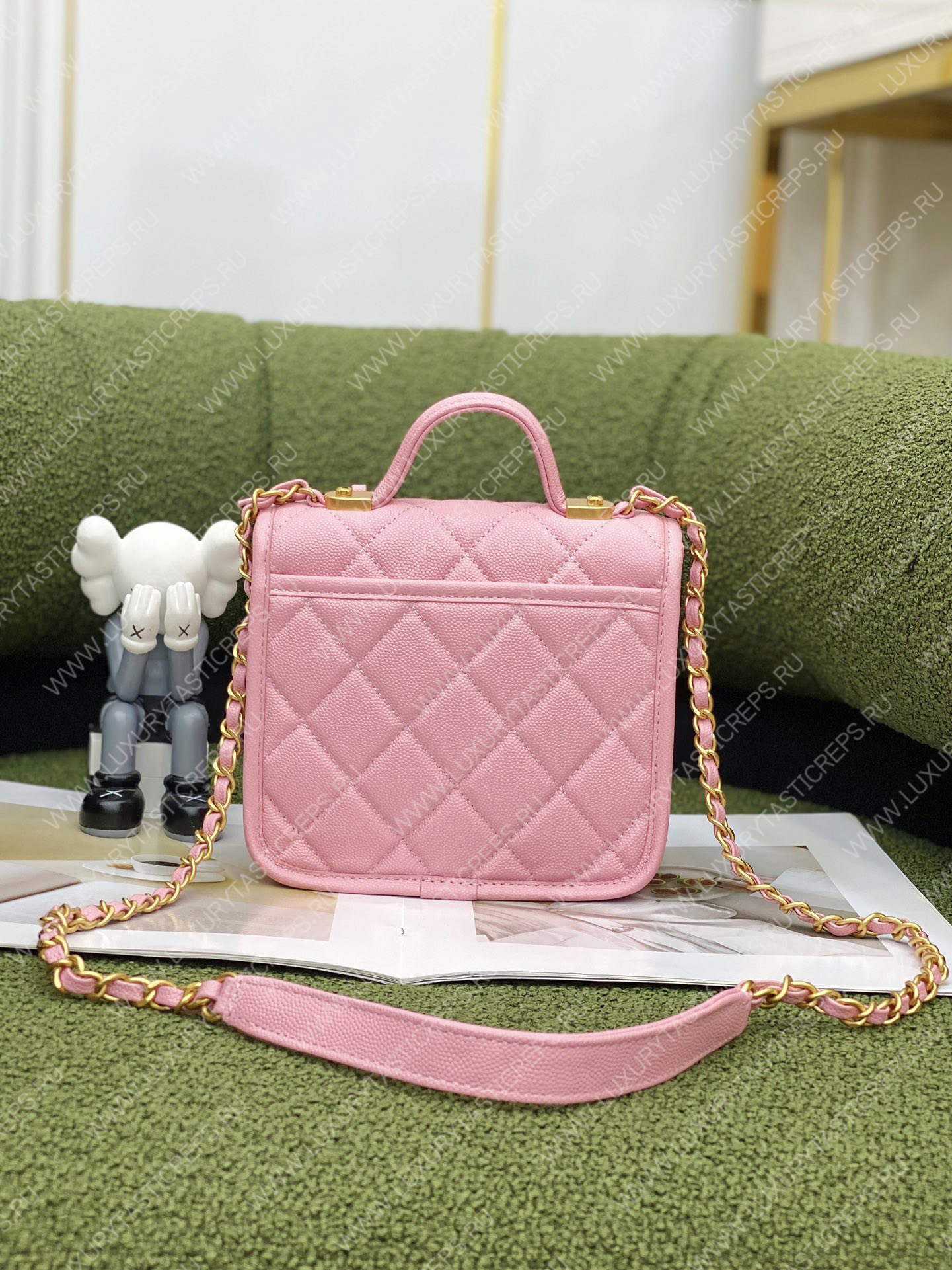 Ch*el mini flap bag with top handle pink as3653