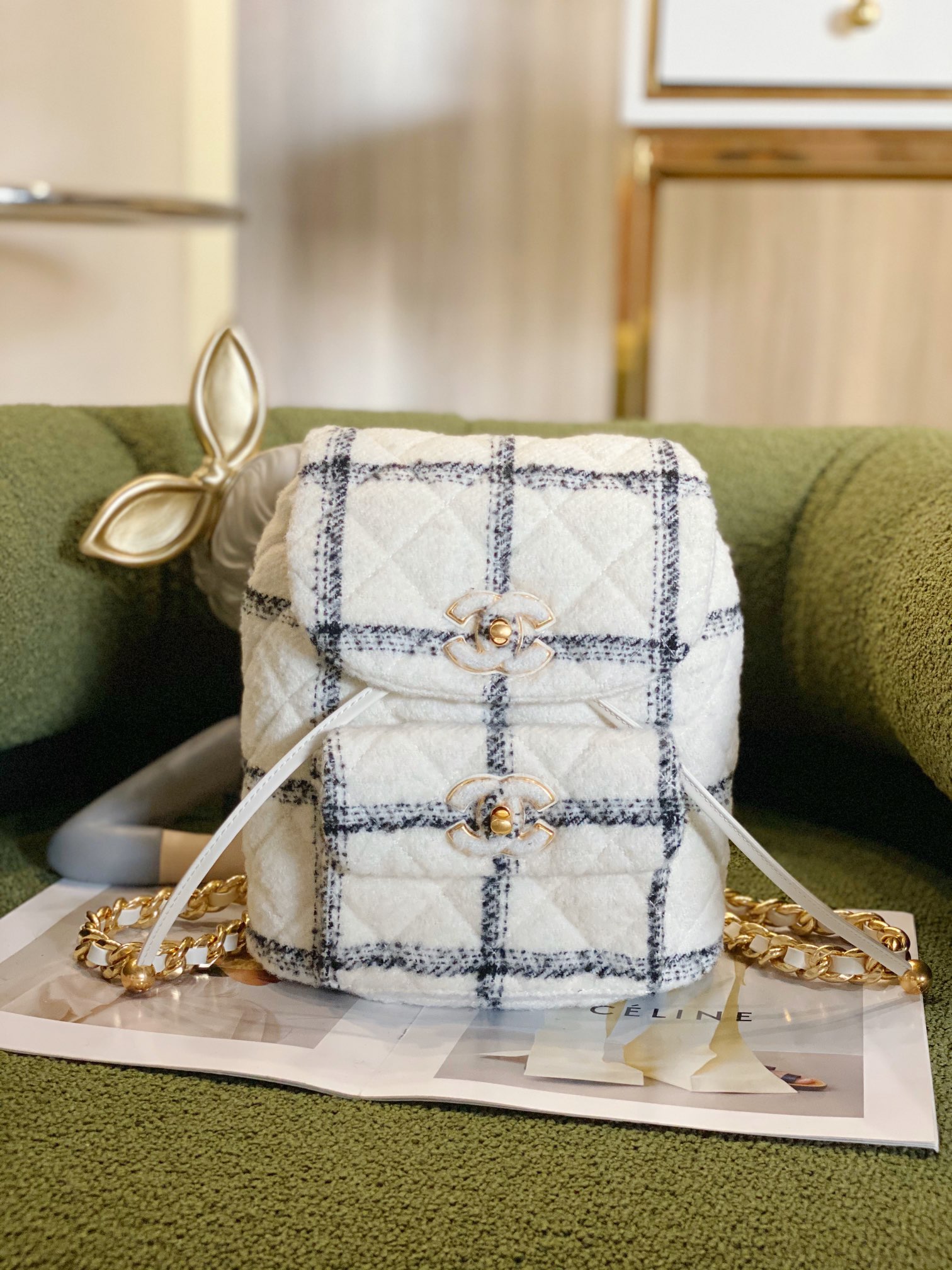 Ch*el backpack wool tweeted white & grey as3615