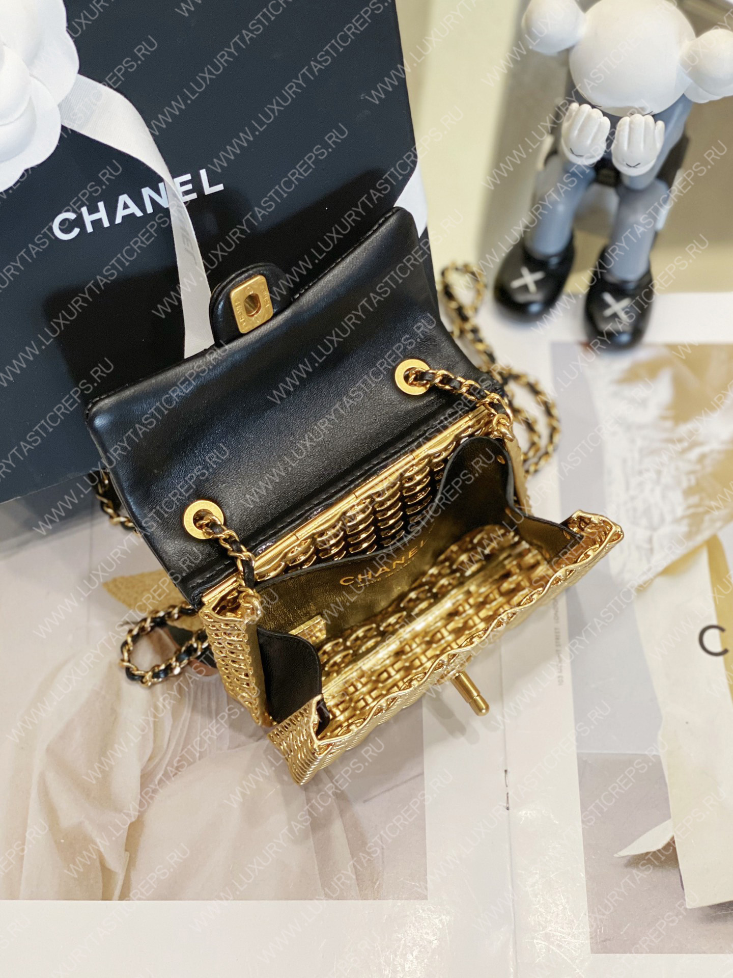 Ch*el small evening bag black & gold as3713