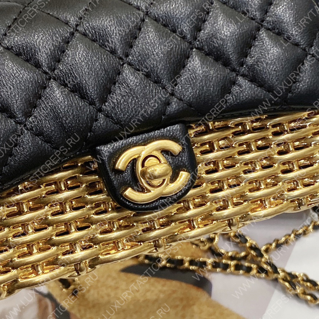 Ch*el small evening bag black & gold as3713