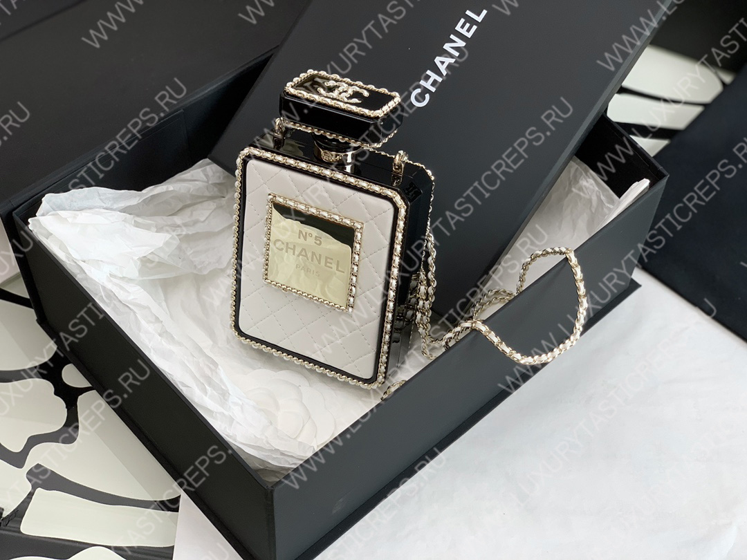 Ch*el evening clutch perfume bottle bag metal white as3246