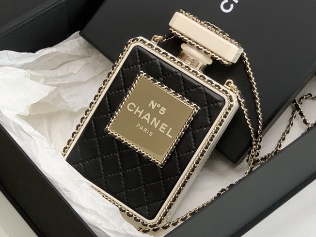 Ch*el evening clutch perfume bottle bag metal black as3246