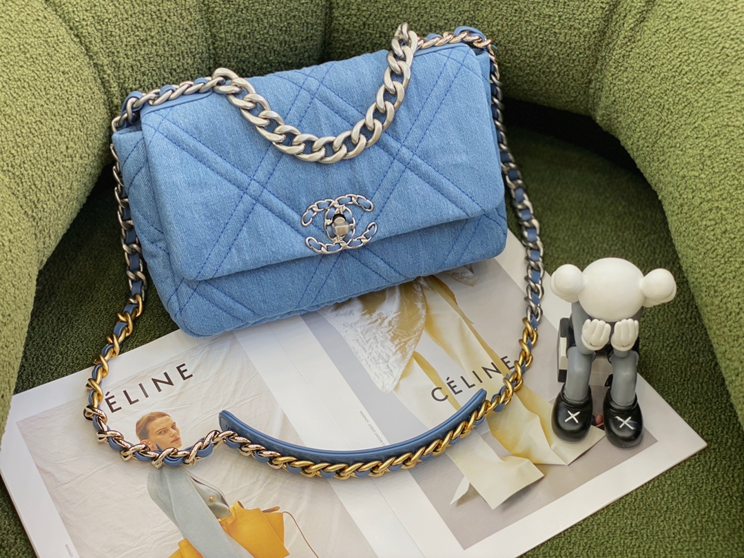 Ch*el 19 denim hand bag blue as1161