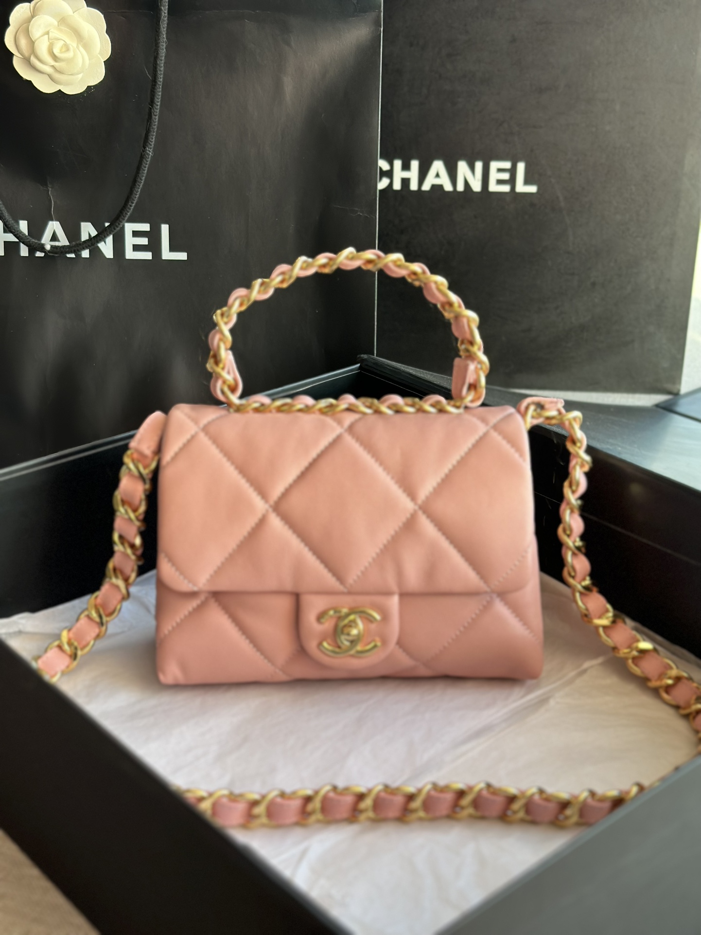 Ch*el mini flap bag with top handle baby pink as1786