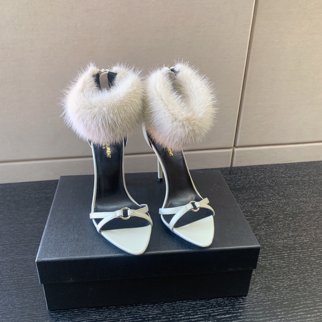 YVES SAINT LAURENT FAUX FUR-CUFF SANDALS WHITE BGS21