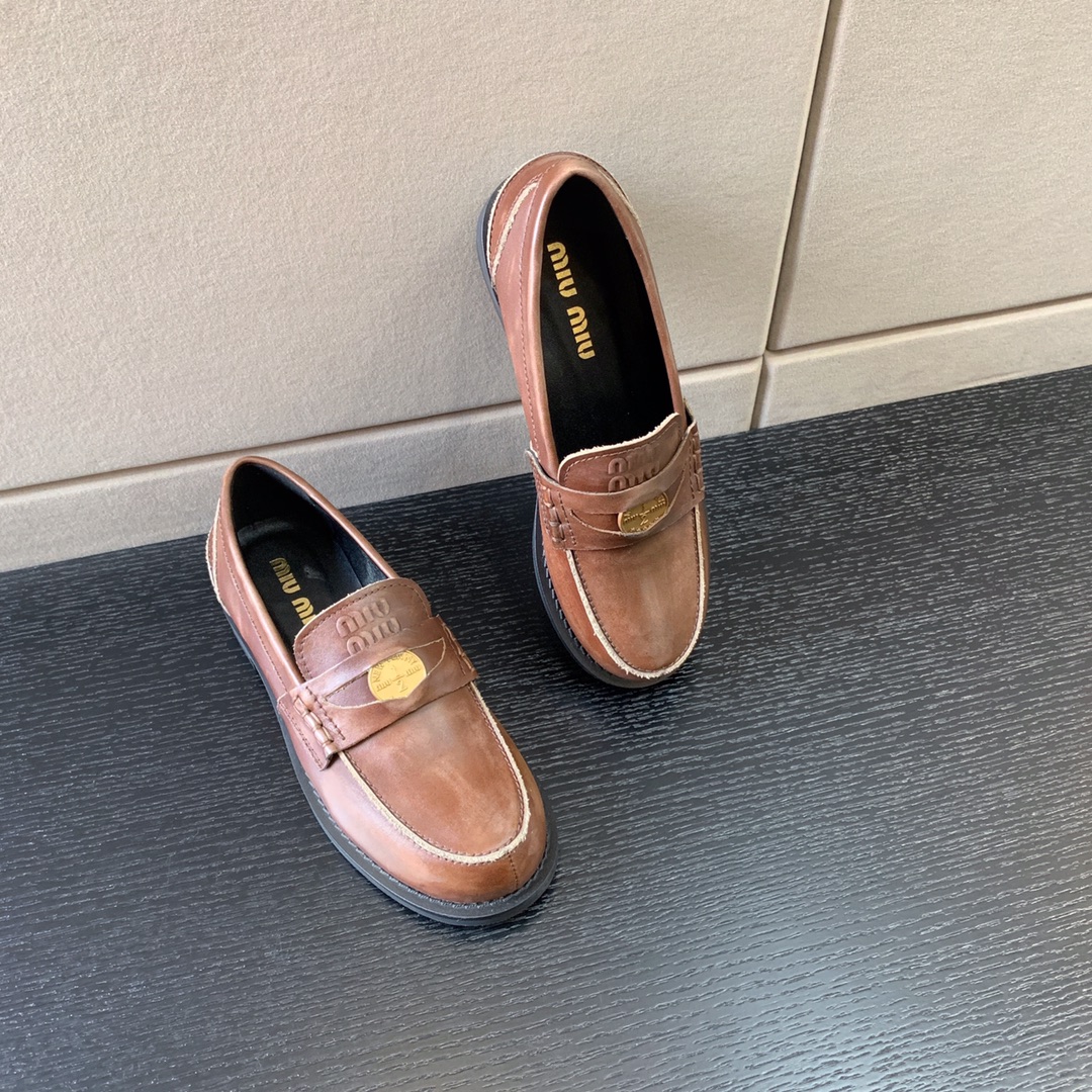 MIU MIU LEATHER PENNY LOAFERS BROWN 5D773D