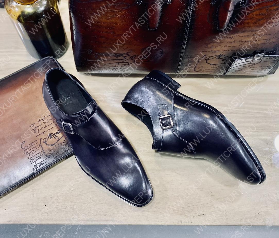 BERLUTI GALET SCRITTO LEATHER M0NK SHOE BLACK S6025-V2