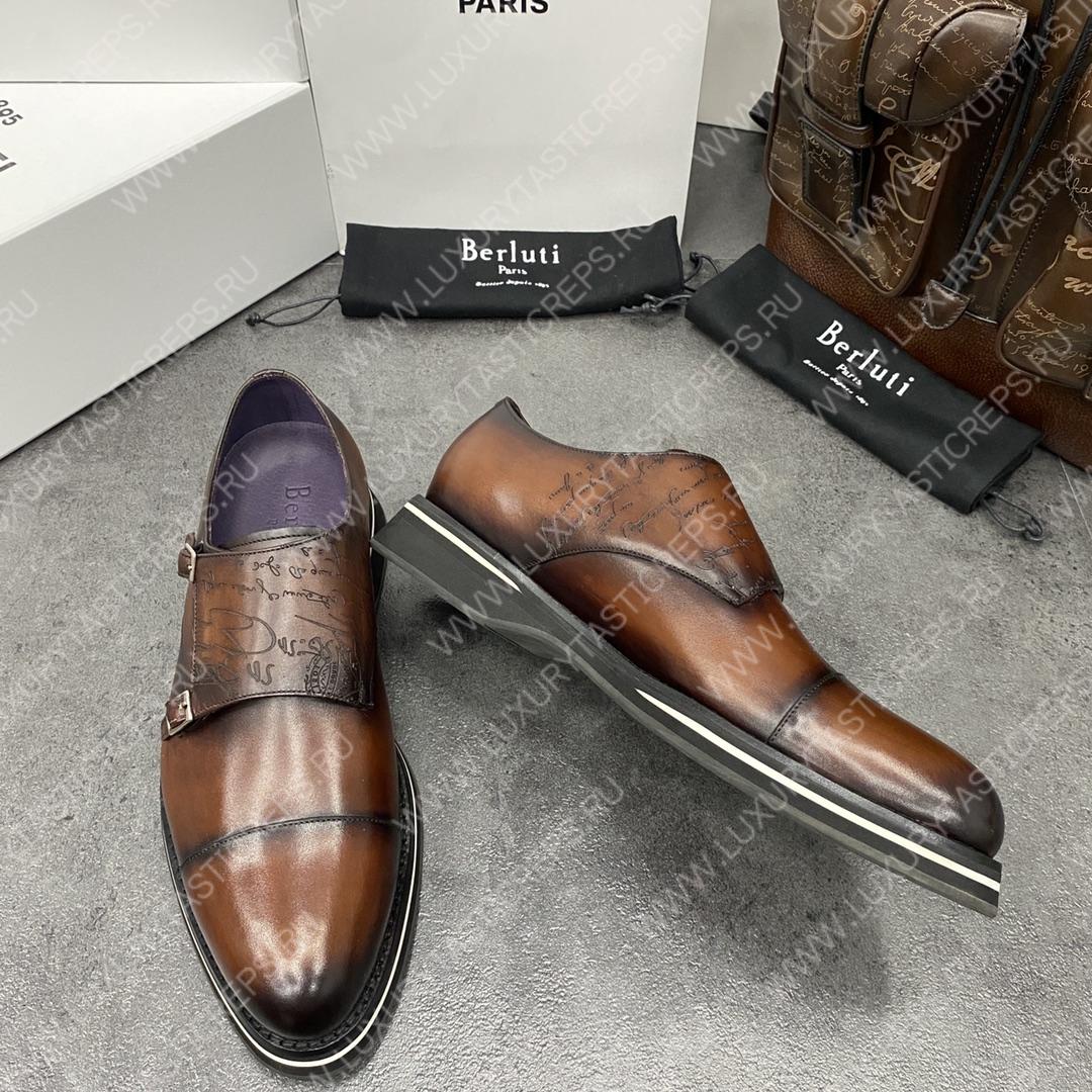 BERLUTI ALESSIO PADOVA SCRITTO LEATHER DOUBLE MONK SHOE BROWN S5527
