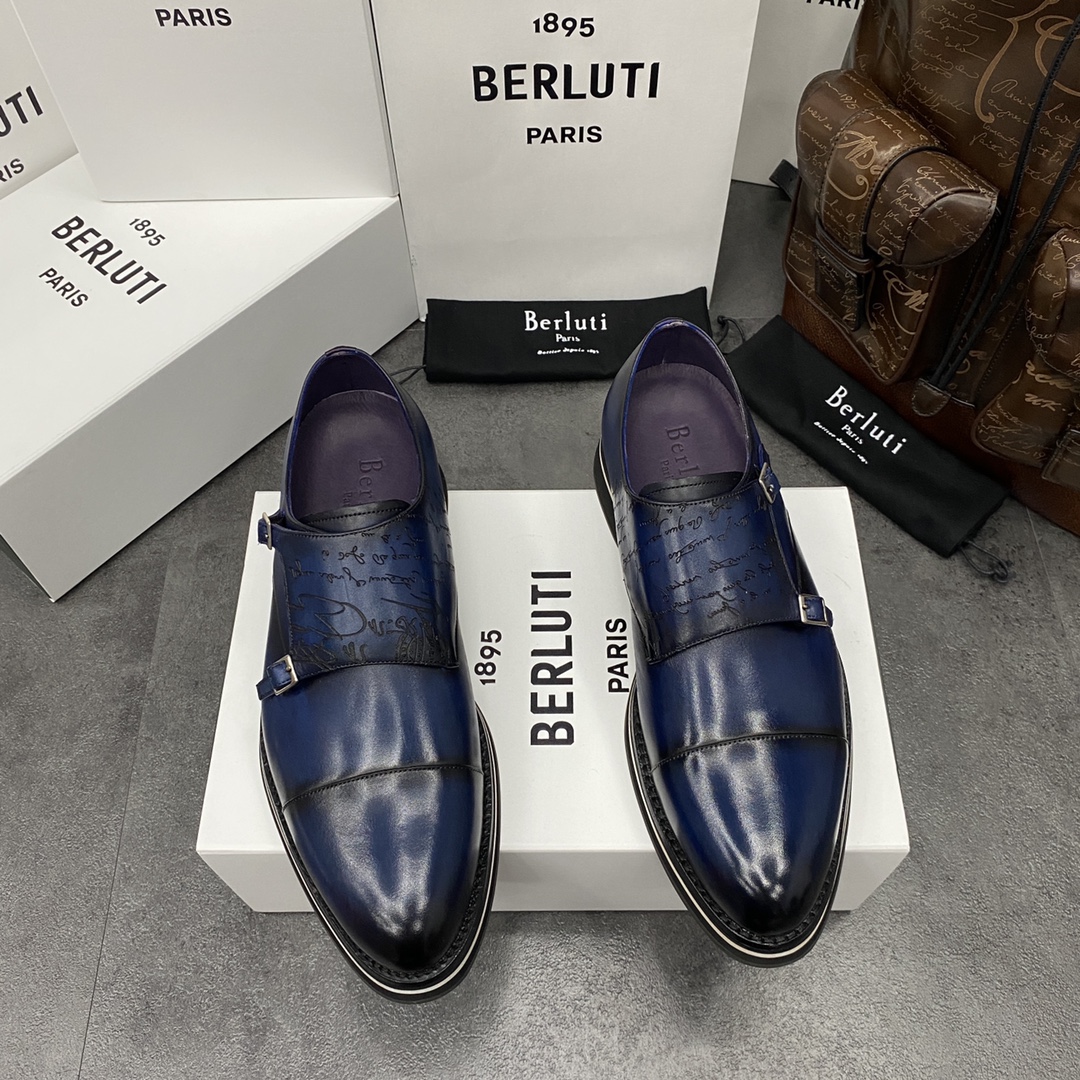 BERLUTI ALESSIO PADOVA SCRITTO LEATHER DOUBLE MONK SHOE BLUE S5527