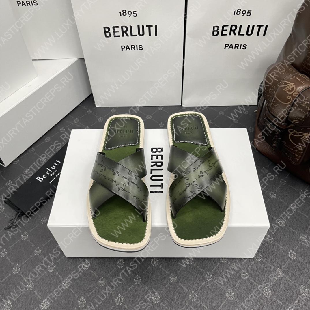 BERLUTI ELIO PATMOS LEATHER SANDALS OLIVE 811572