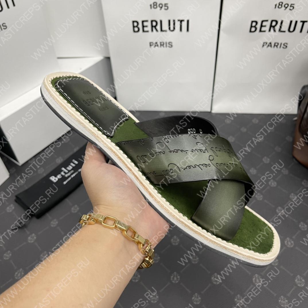 BERLUTI ELIO PATMOS LEATHER SANDALS OLIVE 811572