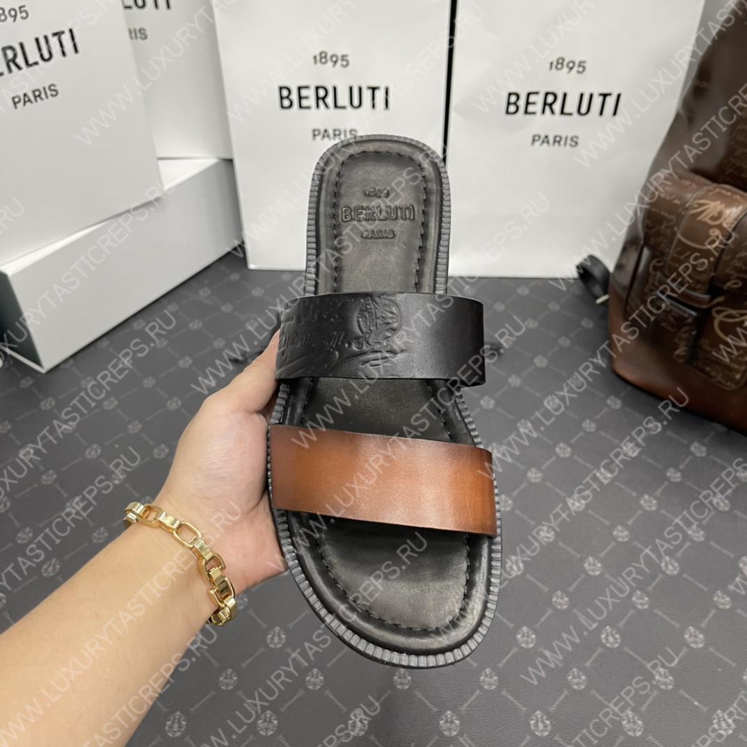 BERLUTI SIFNOS SCRITO LEATHER SANDAL BROWN & BLACK S5438-V33