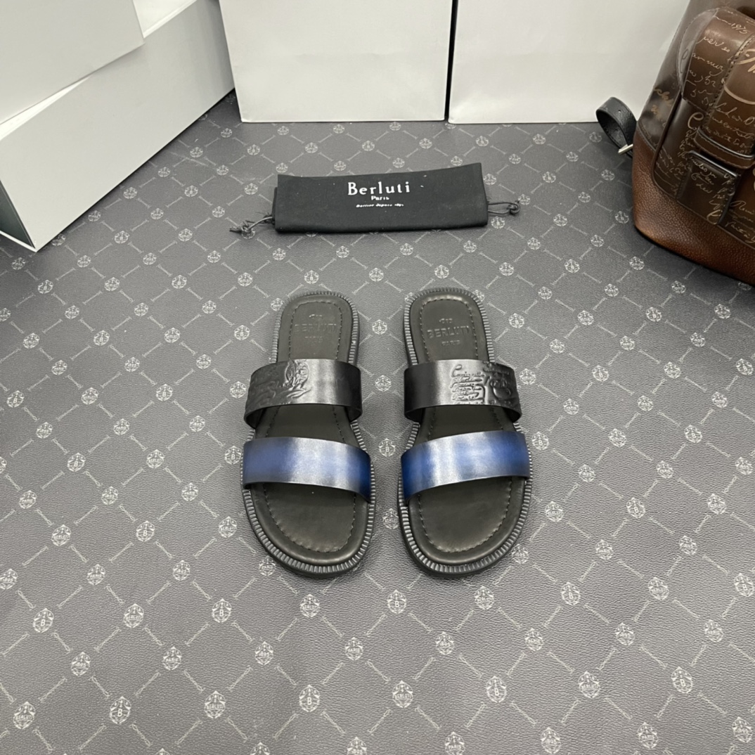 BERLUTI SIFNOS SCRITO LEATHER SANDAL BLUE & BLACK S5438-V33