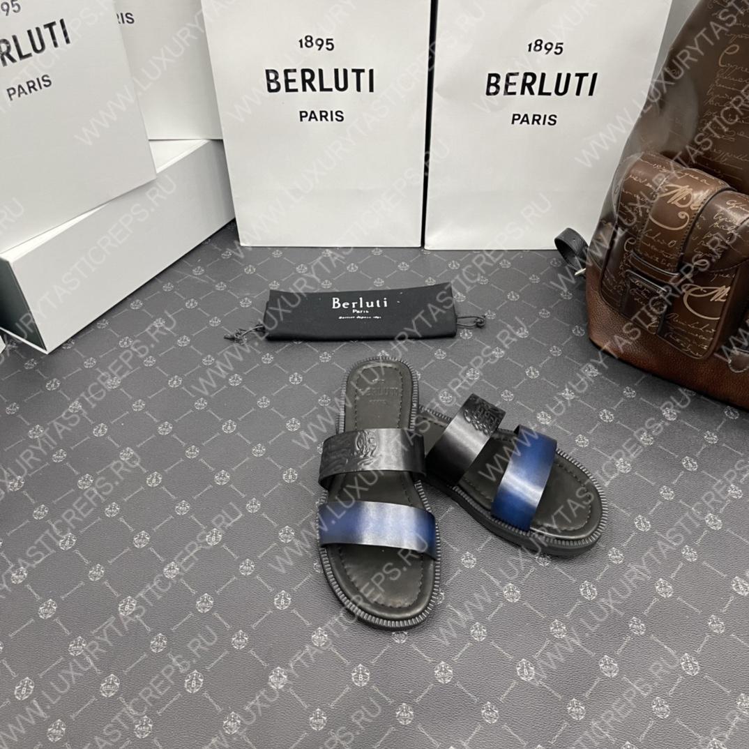 BERLUTI SIFNOS SCRITO LEATHER SANDAL BLUE & BLACK S5438-V33