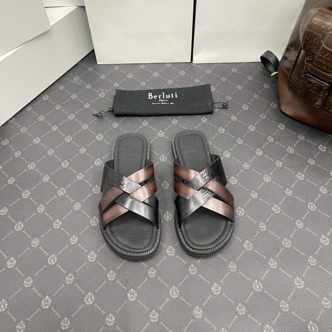 BERLUTI SIFNOS SCRITO LEATHER SANDAL BLACK S5439-V33