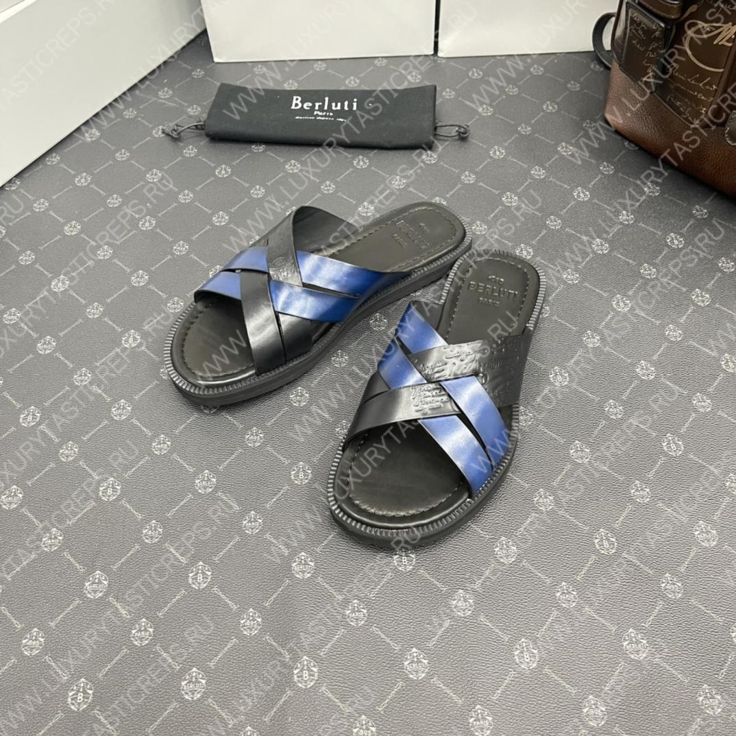 BERLUTI SIFNOS SCRITO LEATHER SANDAL BLACK & BLUE S5439-V33