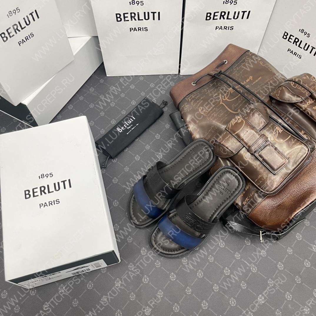 BERLUTI SIFNOS SCRITO LEATHER SANDAL BLACK & BLUE S5439-V33