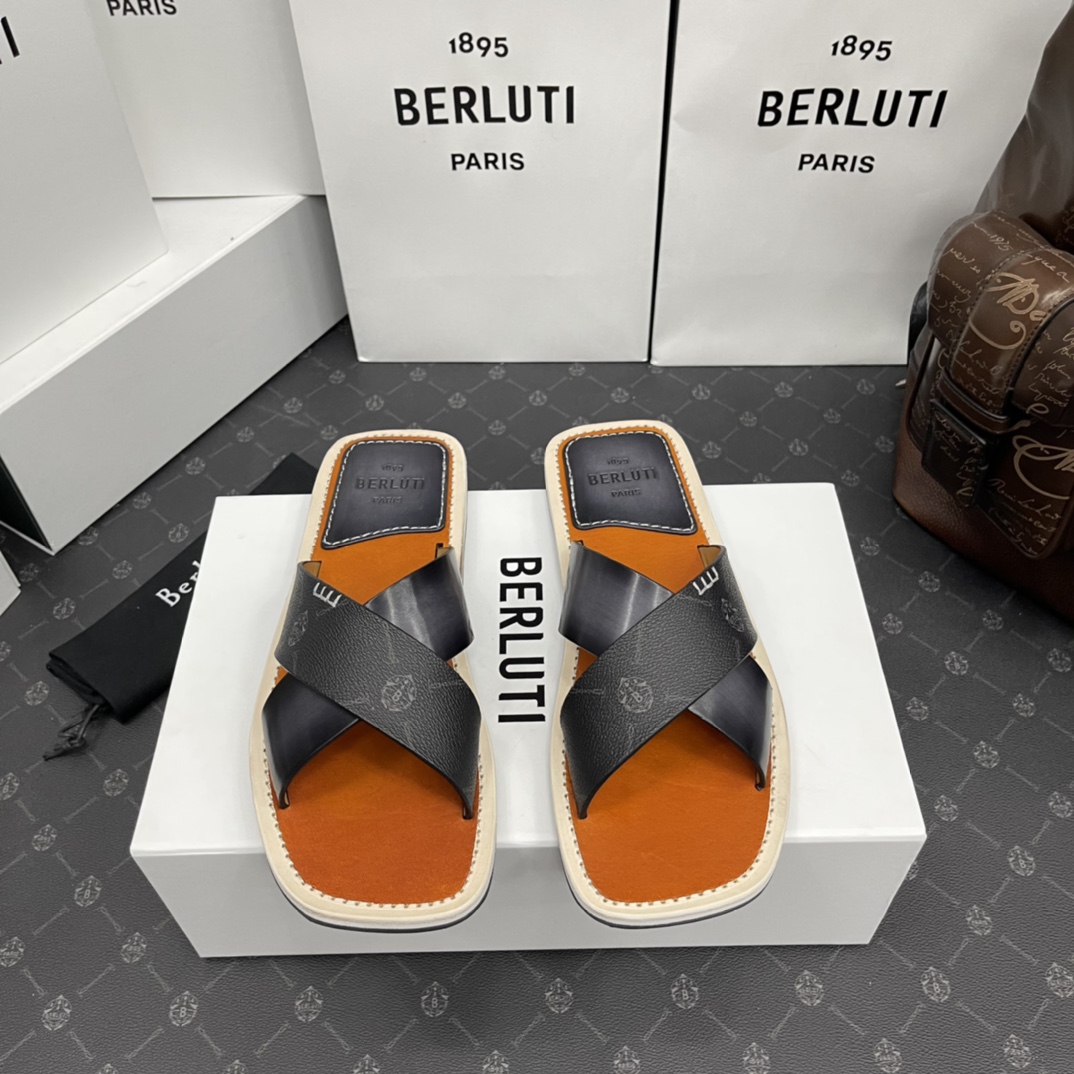 BERLUTI ELIO PATMOS LEATHER SANDALS GREY/ORANGE 811572